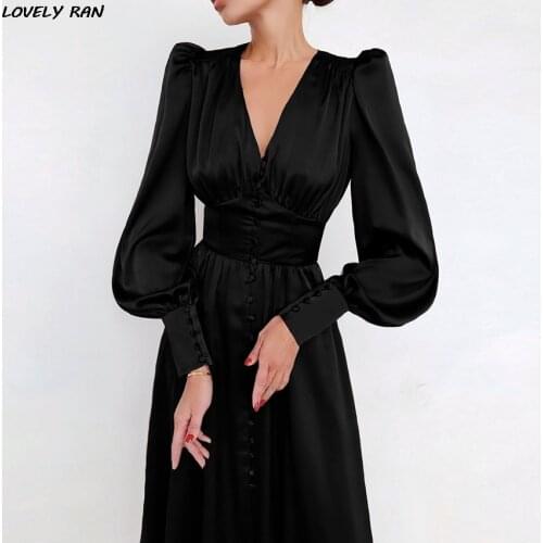 2021 Spring Evening Womens Vintage Dresses High Waist Lantern Long Sleeve Satin Female A-Line Dress Elegant Lady Party Vestidos