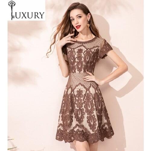Fiesta 4xl Vestidos De 2020 Autumn Party Cocktail Women Allover Appliques Embroidery Short Sleeve Slim Fit A-Line Dress