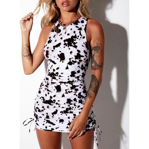 Women Sexy Sheath Dress Printed Sleeveless Dresses Summer Fashion Drawstring Pleated Slim Bag Hip Dress Clothing robe
