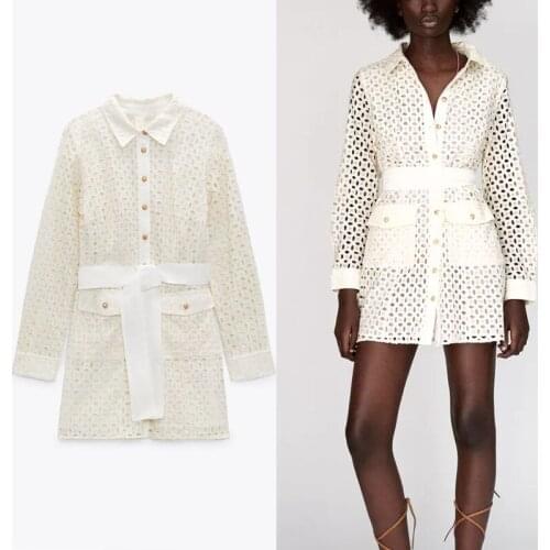 2021 Summer Cutwork Embroidery Za Dress Women Long Sleeve Pleat Belted Shirtdress Button Up Openwork Embroidered Mini Dresses