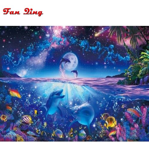 Animal Dolphins With Fishes 5D Diy Diamond Painting Full Square round drill Mosaic Diamond Embroidery Rhinestones Painting