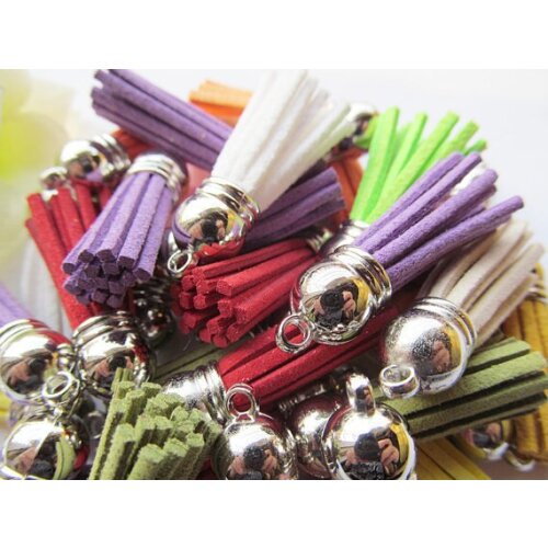 Free Shipping 50Pcs 39mm Mixed Suede Leather Jewelry Tassel For Key Chains/ Cellphone Charms Top Plated End Caps Cord Tip