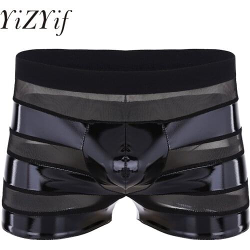 Mens Boxers Underwear Wetlook Shiny Leather Mesh Splice Boxer Shorts Sexy Gay Male Bulge pouch Lingerie Underwear Hot Shorts