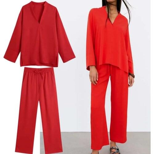 Klkxmyt Za 2021 Red High Waist Pants Women Elastic Drawstring High Waist Vintage Trousers Woman Casual Summer Wide Leg Pants