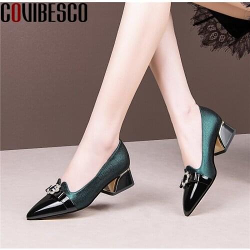 COVIBESCO High Quality Genuine Leather Women Pumps Office Rhinestone Thick Heels Spring Summer Basic Shoes Woman Fashion Mature