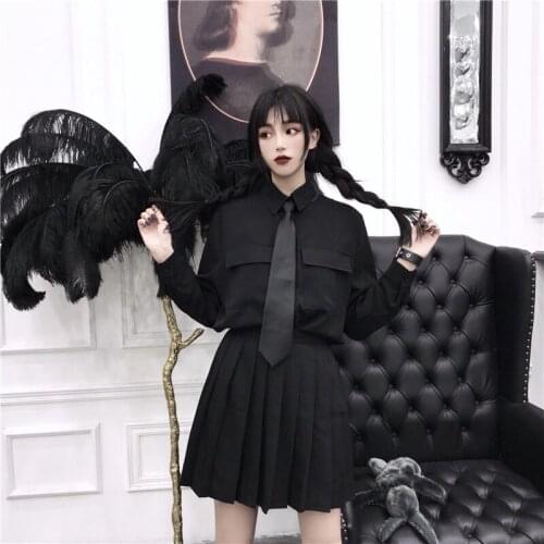 Harajuku Women Blouses Punk Streetwear Black Casual Gothic Blouse Women Long Sleeve Loose Turn Down Collar Shirt Top