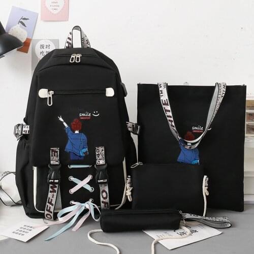 USB Waterproof 4Pcs/Set Canvas School Bags for Teenage Girls Laptop Backpacks Women Bookbags Travel Backpack Students Rucksack