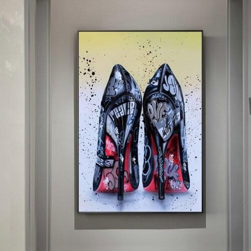 Graffiti Art Women Black High Heels Shoes Canvas Painting on The Wall Cudros Posters and Prints Picture for Living Room Decor
