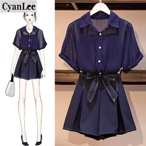 Plus Size Three Piece Sets Women 2020 Summer Casual Turn-down Collar Sling Tops+Shorts Belt Wide Leg Pants Lady Office Suit Set