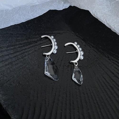 Korean Transparent Crystal Pendant Drop Earrings for Women Punk Silver Color Metal Pearl Dangle Earrrings Wedding Jewelry 2021