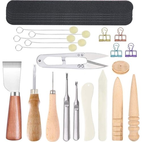 LMDZ Diy Leather Edge Beveler With Skiving Tools, Cutting Knife, Edge Slicker Burnisher, Sanding Strip, Bone Folder, Clips