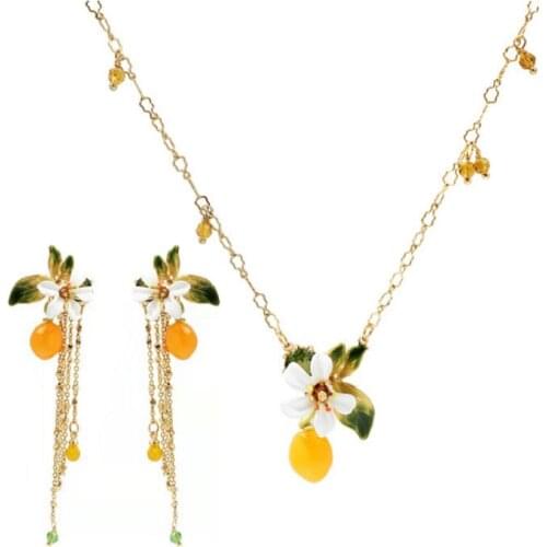 Small Fresh Fashion Eco-Friendly Electroplated Enamel Flower Earrings And Necklace Jewelry Set
