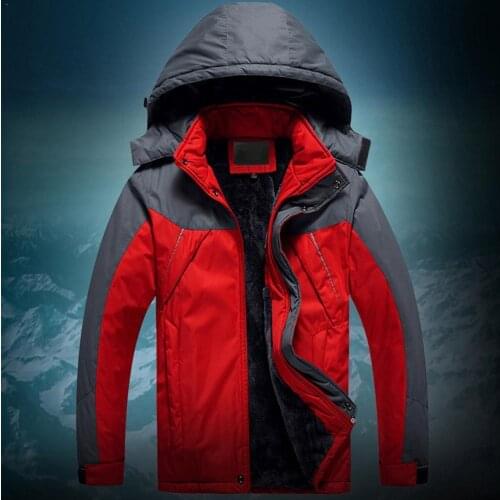 Mens Winter Thick Warm Jacket Ski Windproof Hooded Mens Outdoor Thick Coat Winter Down Cotton Clothes Plus Size Blue Black Red