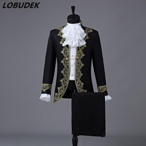 European Style Mens Court Suit Red Black White Embroidery Suits Wedding Dresses Singer Chorus Photographic Studio Show Costume