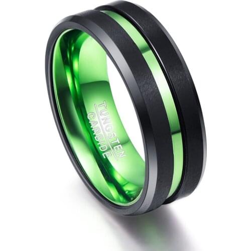 Mens Black Matte High Polish Tungsten Carbide Ring Green Groove Polished Beveled Edges Ring Comfort Fit Size 6-16