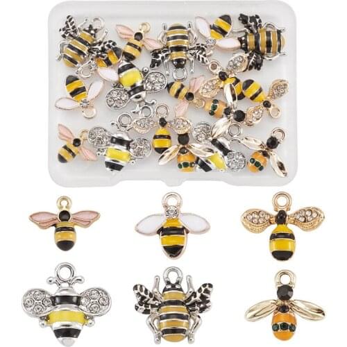Pandahall 24pcs/box Bee Shape Alloy Enamel Pendants Charm with Rhinestone for Jewelry Making DIY Bracelet Necklace Findings