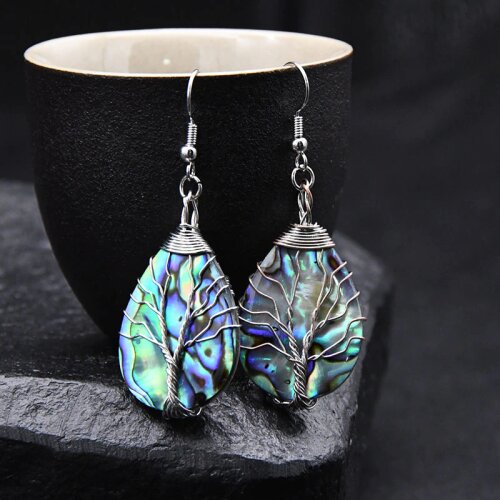 Shine Rainbow Color Natural Abalone Shell Handmade Wire Wrapped Hook Earrings Tree Of Life Fashion Women Jewelry 5pairs