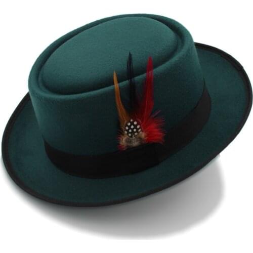 Fashion Women Men Pork Pie Hat Dad Wool Flat Fedora Hat Lady Gentleman Gambler Panama Trilby Hat With Fashion Feather Size 58CM