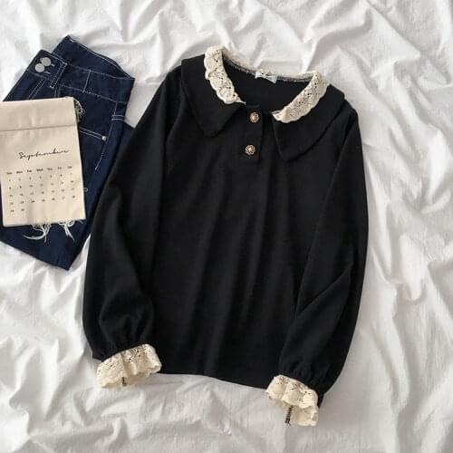 Ezgaga Patchwork Sweater Women Thin Fake Two Peter Pan Collar Loose Button Lace Ladies Pullover Sweet Korean Black Fashion Tops