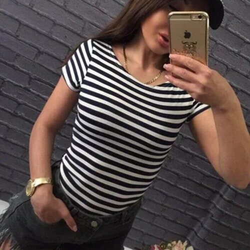 Women Casual Black and White Striped T-shirt Short Sleeve O neck Cotton Tees 2021 Summer New Fashion High Street Korea T-shirt