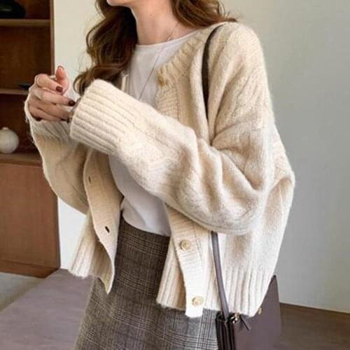 Woman Sweaters Cardigan Soft Twisted Loose Cropped Sweater Coat Female Twist Thick Needle Beige Knitted Cardigan Outerwear
