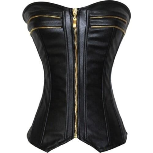 Punk Style Push Up Womens Overbust Corset Gothic Faux Leather Bustier Lace up Corset with Zip Waist Cincher Black