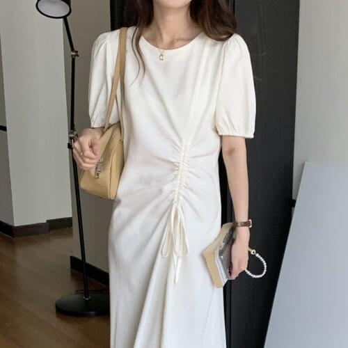Women Summer Beige Vintage Long Dress 2021 New Shirring Design Puff Sleeve Round Collar Midi Sundress Solid Color