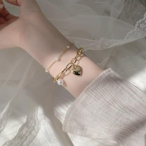 2 Pcs /Set Golden Sweet Pearl Chain Bracelet Cross People Head Bracelet Personalized Double-layer Heart Pendant Charm Bracelet
