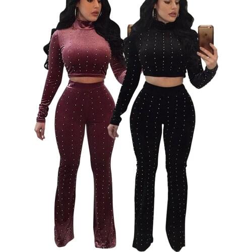 Velvet Two Piece Pants Set Women CHEAPEST 2 Colors F2970 with Beads Decor. Stand Collar Long Sleeve