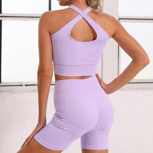 Nwe Seamless Cross Shoulder Straps Womens Tracksuit Yoga Set 2PCS Workout Sportswear Fitness Tight Nylon Bra High Waist Shorts