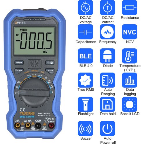 OWON OW18B Multimeter Digital Smart BLE 4.0 Multimeter True RMS High Accuracy LCD Multimeter with Wireless Connection Data Log