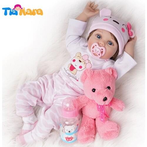 55cm Reborn Bebe Doll Girl Newborn Toy for Girls Birthday Gifts Cute Baby Dolls Alive Silicone Vinyl Pink Outfit with Toy Bear