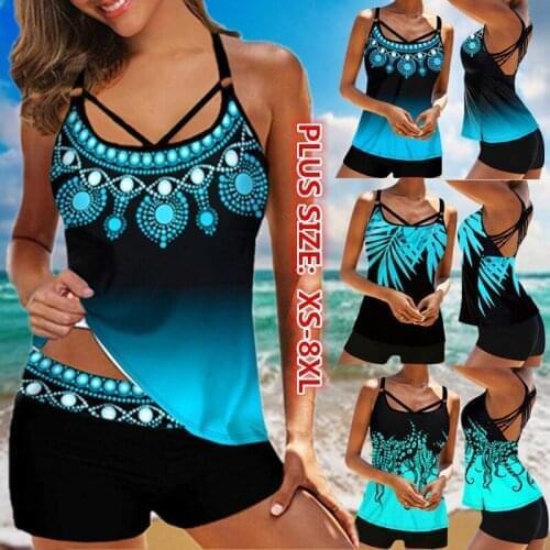 HOT Womens Swimsuit Retro Leaf Print Sexy Vest Set Summer Beach Two-piece Swimwear Bathing Suit Plus Size 8XL
