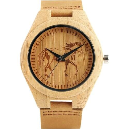 Minimalist Casual Brown Eagle War Horse Pattern Men Bamboo Wooden Watch Leather Band Quartz Wrist Watches Gifts