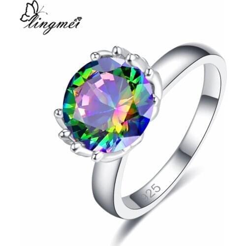 Lingmei Wholesale Fashion Wedding Round Cut Rainbow Pink Cubic Zircon Jewelry Silver Color Solitaire Ring Size 6 7 8 9 Elegant