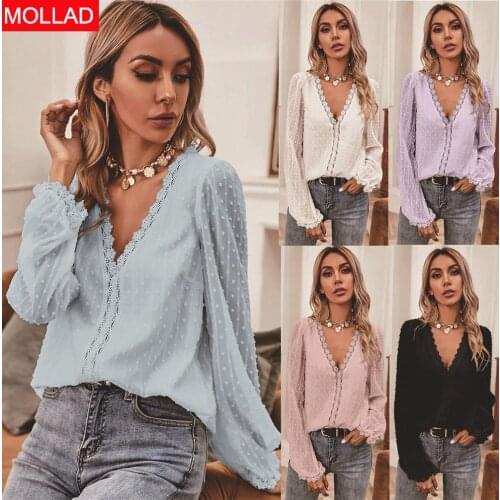 2021 Autumn New Lace Stitching Lace V-neck Long Sleeve Chiffon Shirt Top for Women