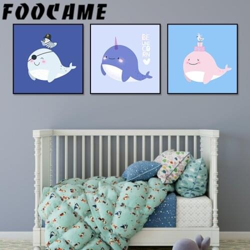 Posters and Prints Cartoon Marine Animal Whale Pirate Baby Nursery Room Kids Wall Decoration Art Canvas Painting Pictures
