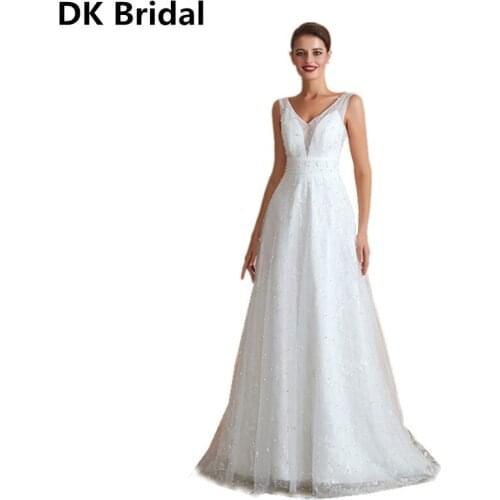 Sexy V-Neck Wedding Dresses White/Ivory Floor Length Pearls Open Back Sleeveless A Line Backless Bridal Dress Vestido De Noiva