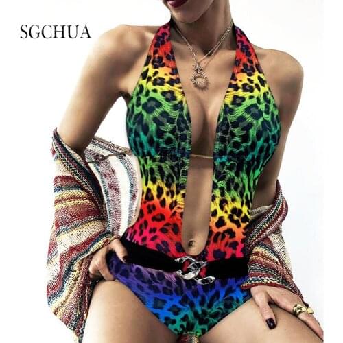 Sexy One Piece Swimsiut 2021 New Colorful Leopard Print Bikini Deep V Backless Famale Biquini Bandage Bathing Suits Monokini