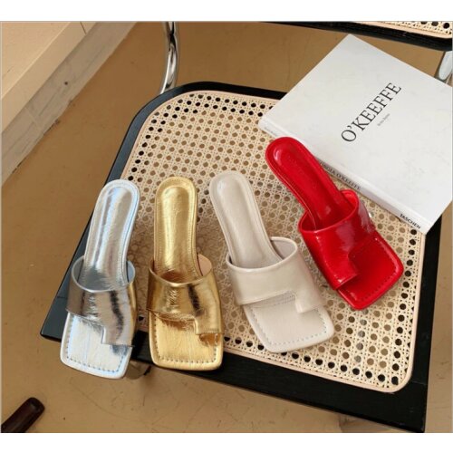 NEW Golden Soft PU FLIP FLOP Fashion Sexy Square Slippers Women Shoes Peep Toe High Heels Mules Party Dress Pumps