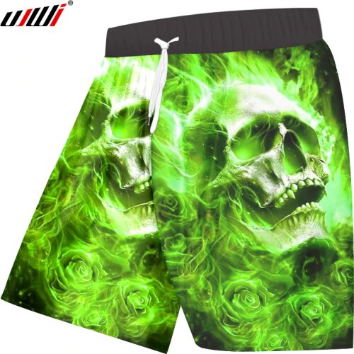 UJWI Mens Shorts Casual Hip Hop Streetwear Elastic Waist Boardshorts Man Clothes Cool Print Green Fire Skull 3D Shorts Masculino