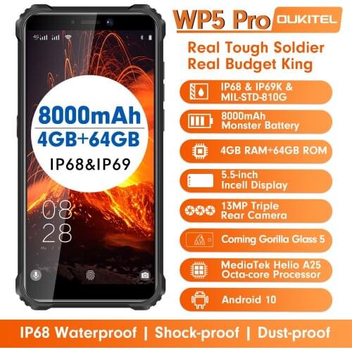 OUKITEL WP5 Pro IP68 Waterproof 4GB 64GB Smartphone 8000mAh Triple Camera ID 5.5‘’ Fingerprint OTG Android 10 4G LTE Cellphones