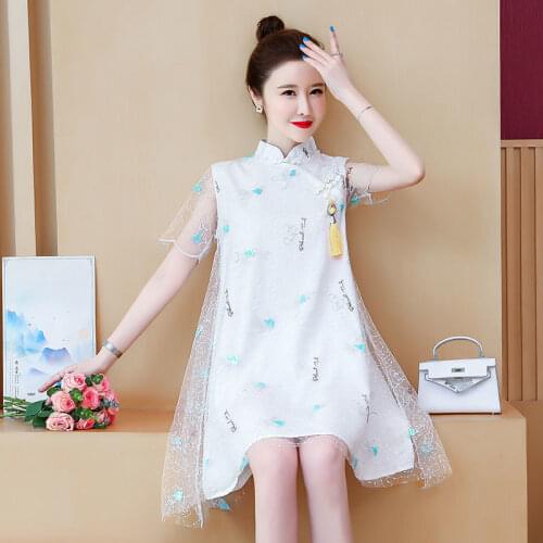Chinese Traditional Retro Qipao Dress Summer Mesh Embroidery Short Sleeve Lace Fashion Tassel Ornament Womens Cheongsam