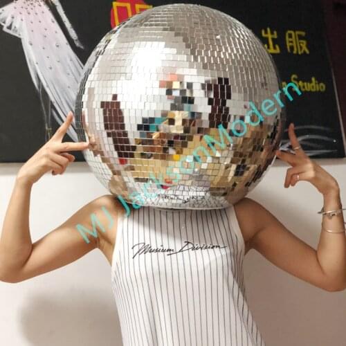 Ballroom mirror dance costumes men women singer stage show wears dj cloth Glass ball led helmet catwalk disco performance hat