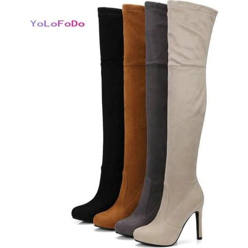 2021 Autumn Winter Women Over the Knee Bootsfaux Suede Thin High Heel Ladies Thigh Boots Zipper Lwomen Stretch Boots Black Brown