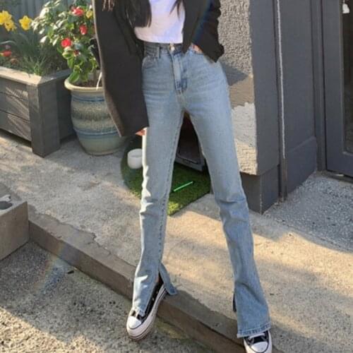 Korean Streetwear Autumn High Waist Split Flare Denim Trousers Pencil Jeans Stretch Elastic 2021 Women Vintage Denim Pant Spring