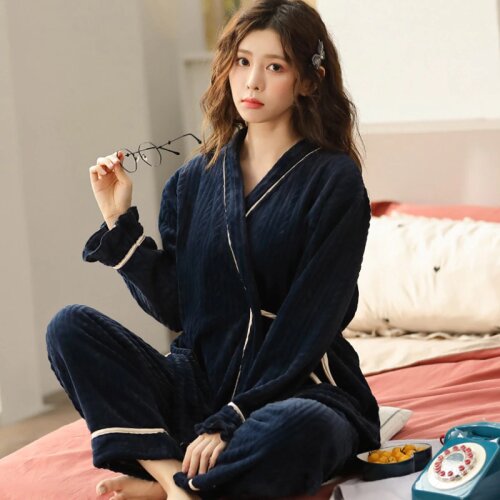 AIPEACE Women 2 Pieces Pajama Sets Flannel Winter Pajamas Long Sleeve Full Trousers Girl Sweet Warm Flannel Thick Homewear