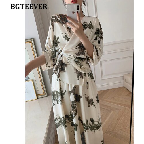 BGTEEVER Vintage Printed Women 2 Pieces Set V-neck Loose Female Blouses & Elastic High Waist Midi Skirts Ladies Outfits 2021