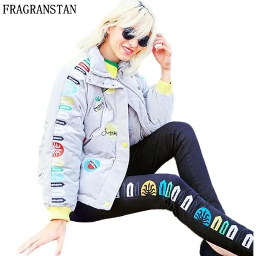 Winter Thicken Keep Warm Women Down Jacket Female Fashion Letter Fruits Embroidery Stand Collar Preppy Style Short Coats JQ395