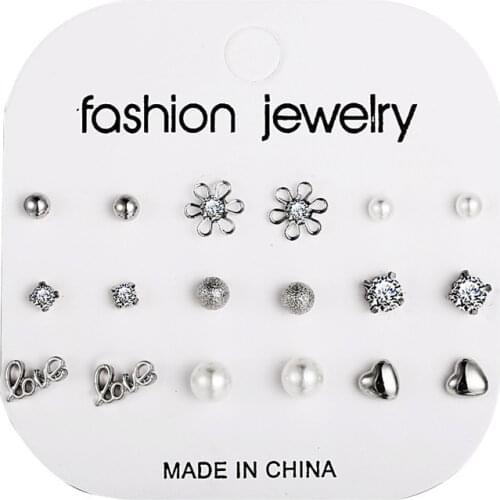 12 pairs/set Crystal Simulated Pearl Stud Earrings Set Women Jewelry Flowers Piercing Ball Stud Earring kit Bijouteria brincos